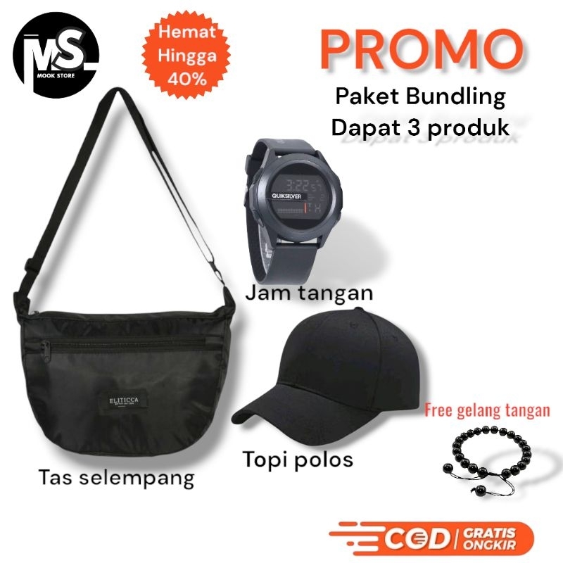 PROMO tas selempang pria jam tangan quicksilver topi hitam polos gratis gelang tangan bisa bayar dit