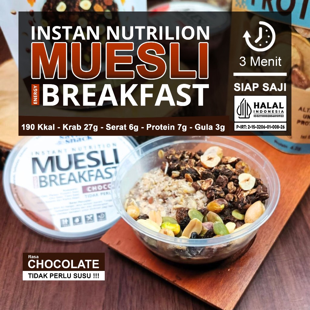 

Muesli Rasa Chocolate 3 Menit Siap Saji Tidak Perlu Susu, Overnight Oats Oatmeal menu Sarapan Praktis Rendah Kalori Untuk Diet | Savior Snack