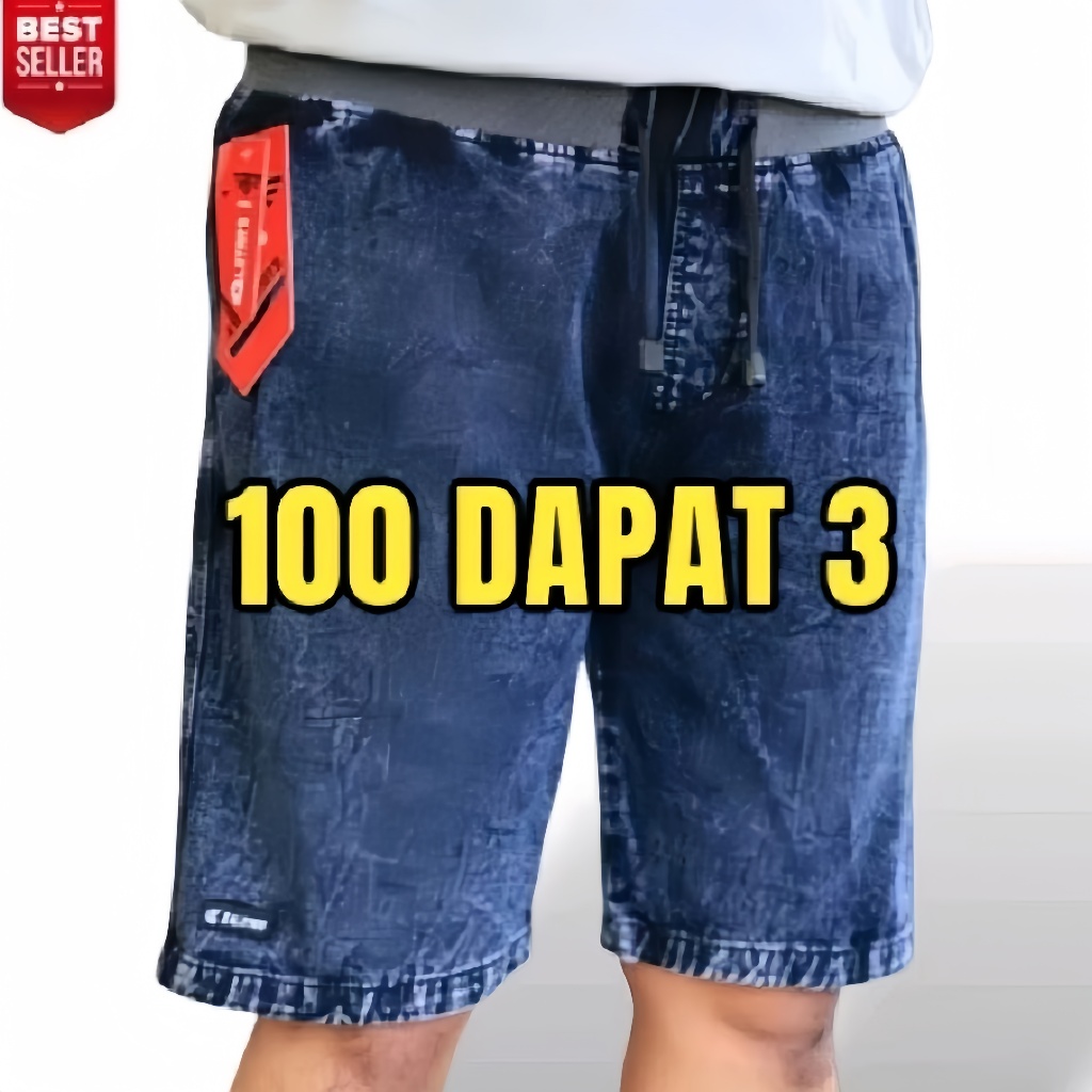 100RB 3 PCS CELANA PENDEK PRIA JEANS KOLOR RIB PINGGANG KARET CELANA LEVIS