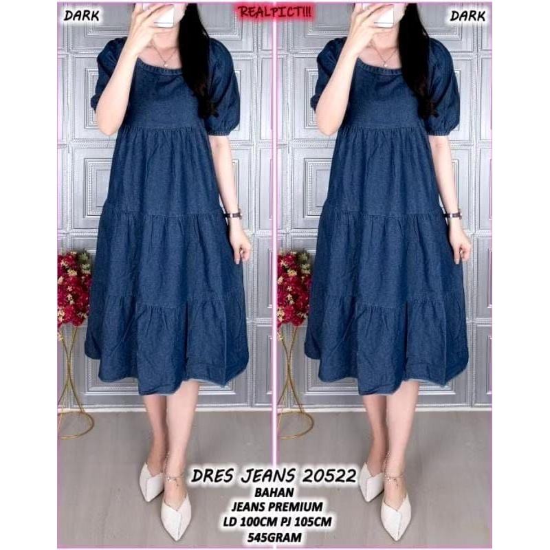 GGI dress wanita jeans denim Jumbo LD100 pj105 model ruffle kerah kotak lengan ada karet
