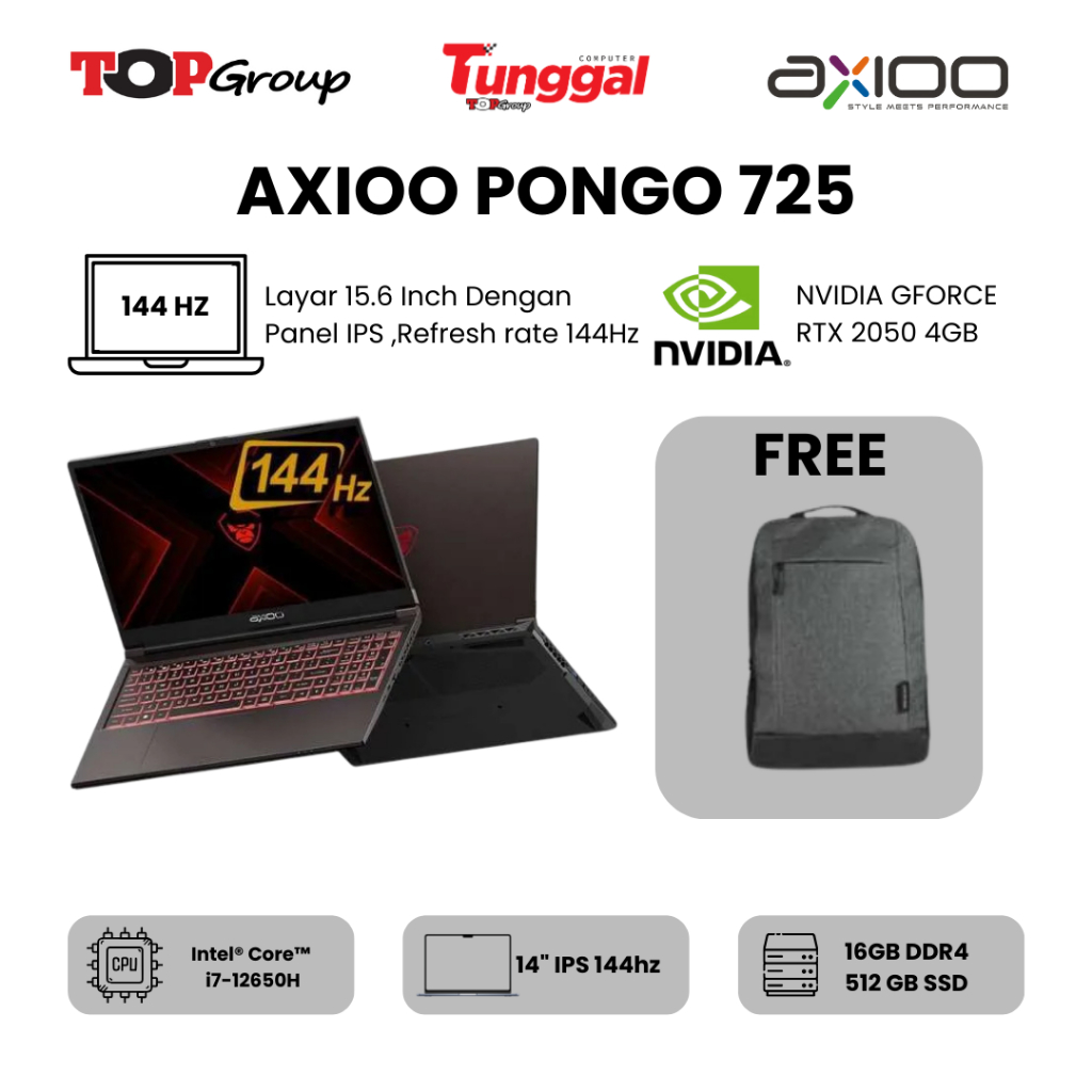 Laptop Gaming Axioo Pongo 725 Intel i7 12650H 32GB 1TB SSD RTX2050 15.6 fhd 144HZ W11 Black