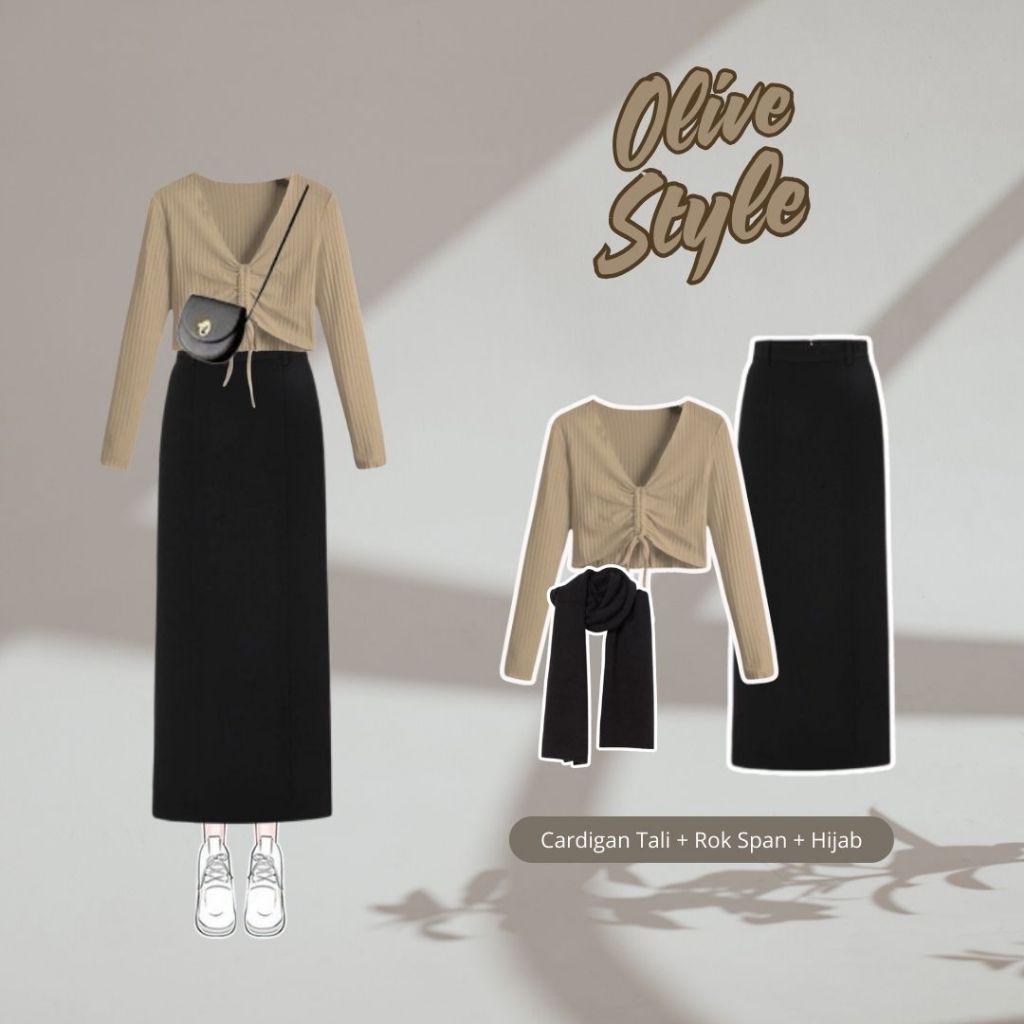Olive Style | One Set ( Cardigan Tali + Rok Span + Hijab ) | OOTD Korean Hijab