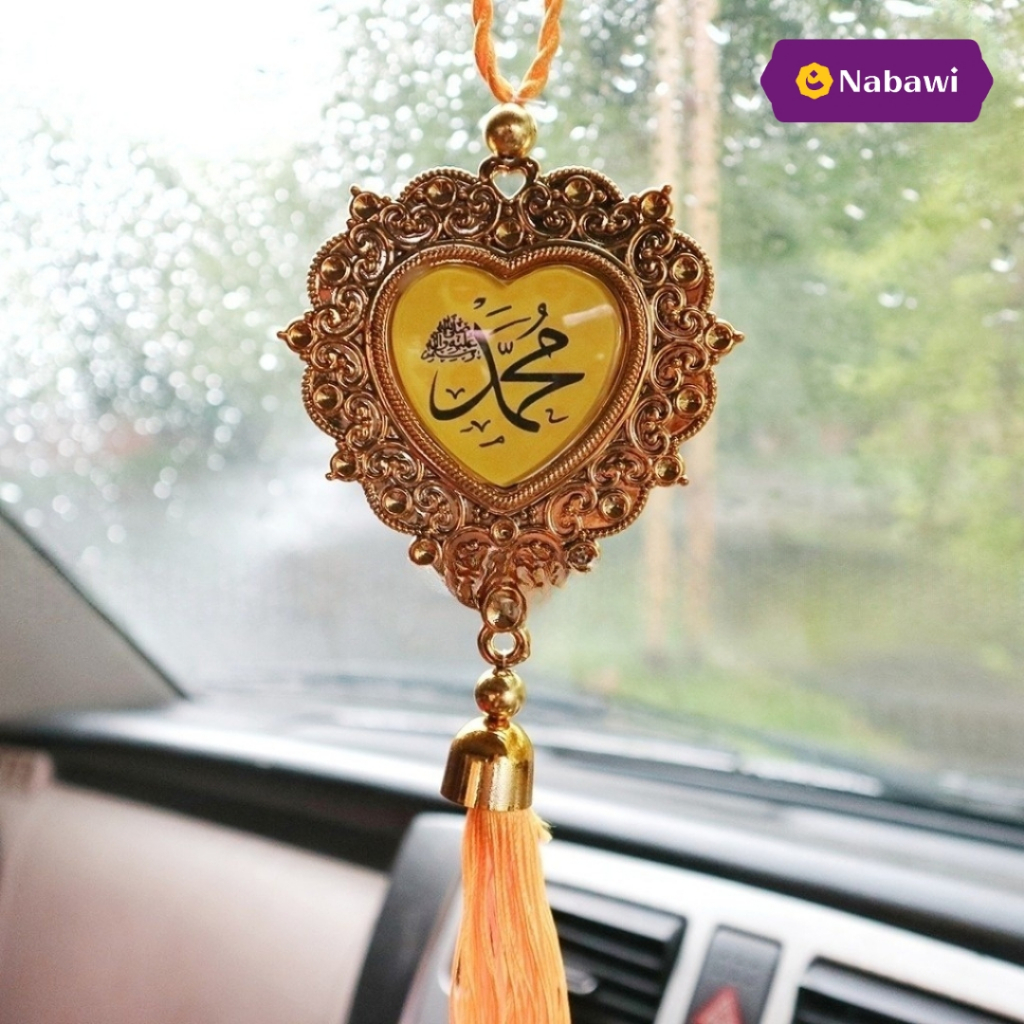 Gantungan Mobil Ukir Emas Love Lafadz Allah Muhammad Hiasan Spion Mobil Oleh Oleh Haji dan Umroh