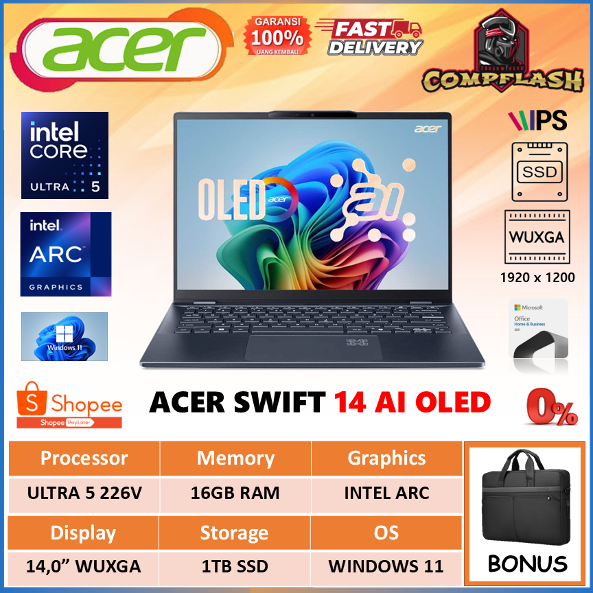 ACER SWIFT 14 AI OLED SF14 ULTRA 5 226V 16GB 1TB W11+OHS 14.0WUXGA 90HZ GARANSI RESMI ACER 2 TAHUN