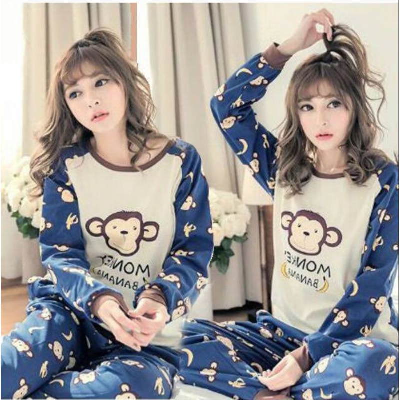 Baju tidur Piyama Wanita Lengan Celana Panjang Bubu Little  Monkey Setelan Perempuan Dewasa Remaja