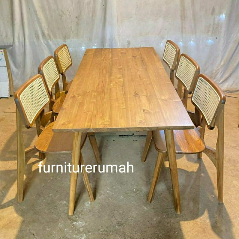 meja makan 6 kursi rotan kayu jati minimalis, set meja makan kayu jati 6 kursi rotan minimalis