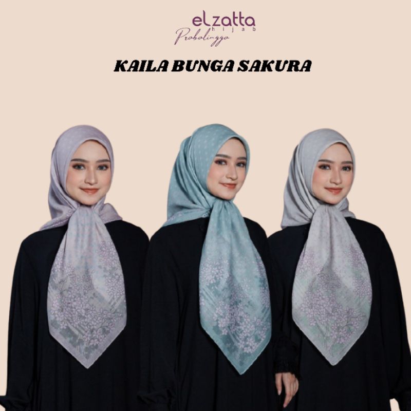 KAILA BUNGA SAKURA HIJAB SEGI EMPAT MOTIF ELZATTA TERBARU