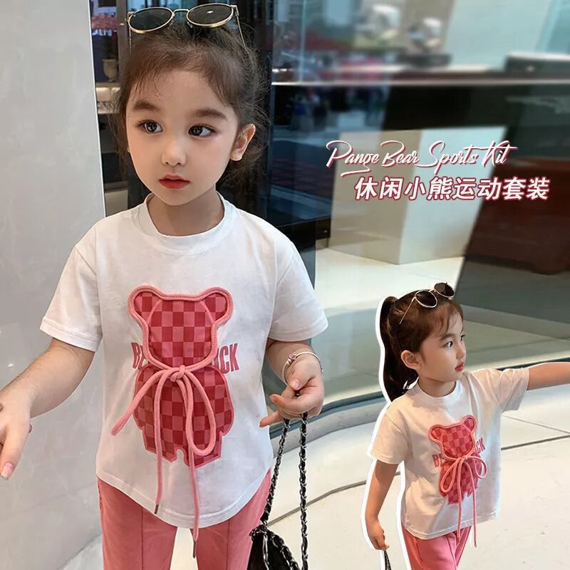 Setelan Set Kaos Bear pink Anak Cewek ✅