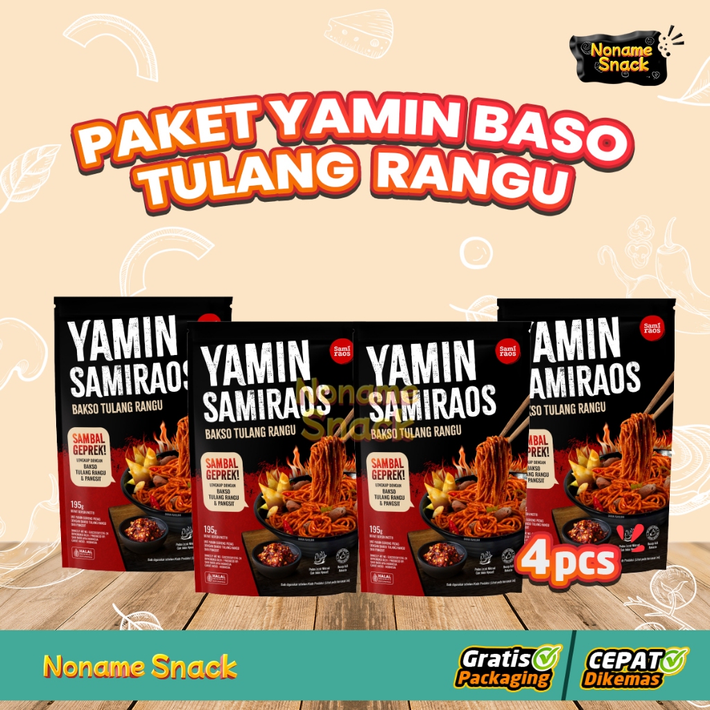 

Paket Hemat Sami Raos Mie Yamin Baso Tulang Rangu Sambal Geprek Samiraos isi 4