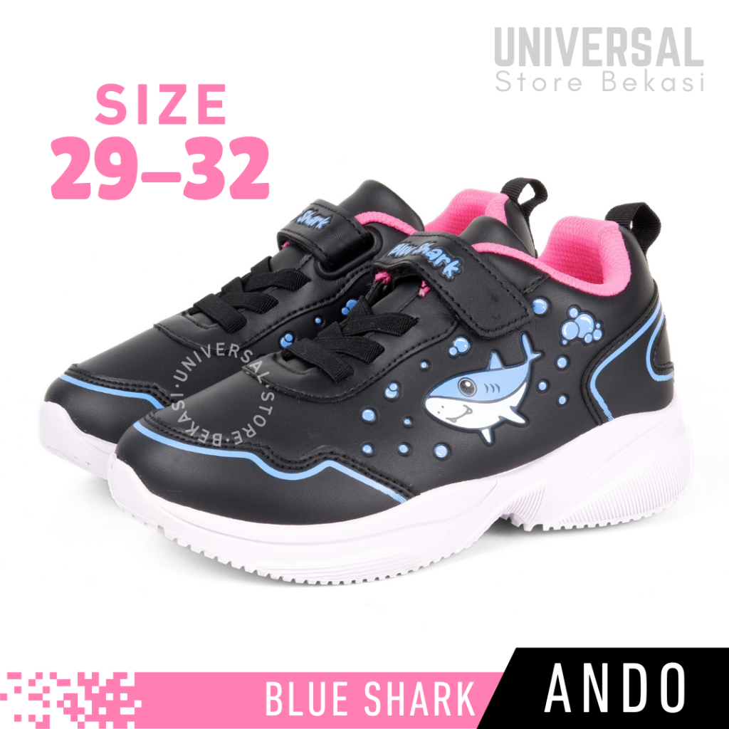 Sepatu Sekolah Anak Perempuan TK SD PAUD Kekinian Ando Blue Shark Hitam Pink Perekat Slip On