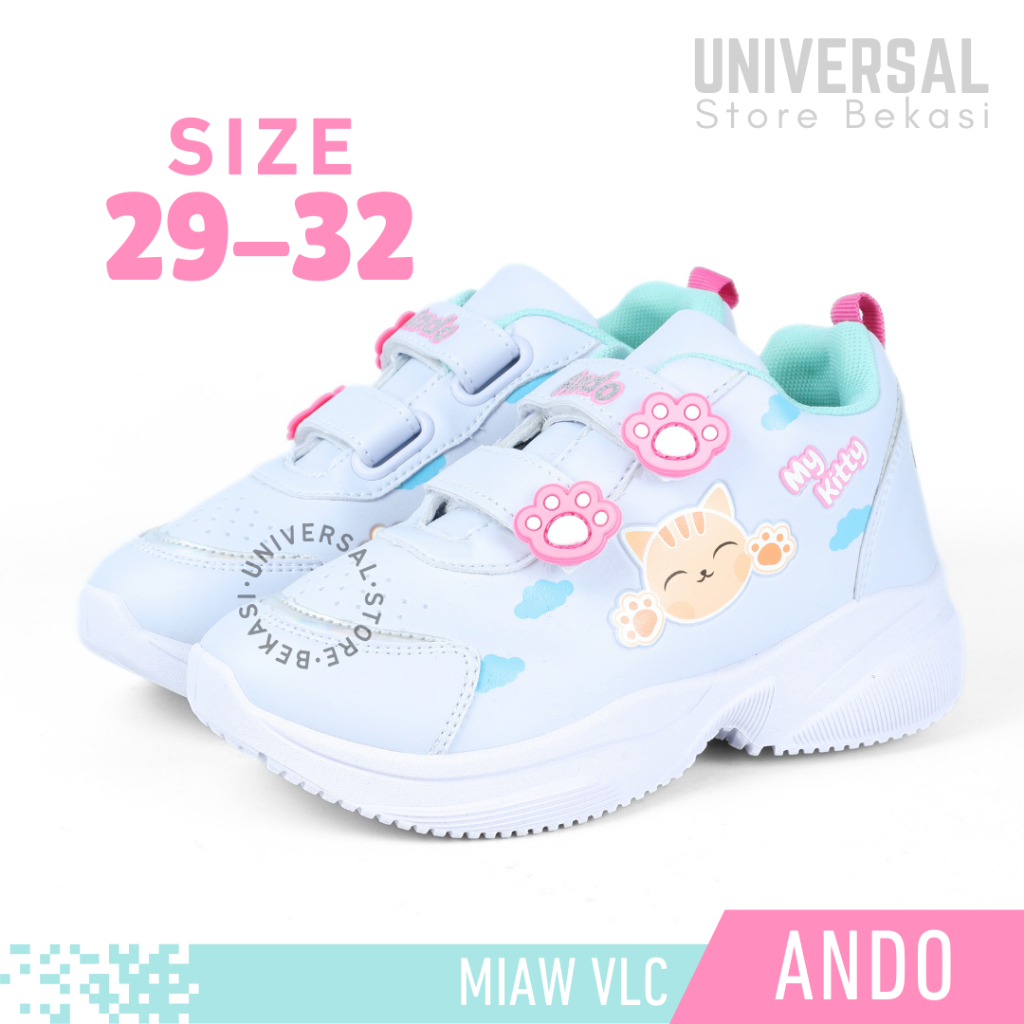 Sepatu Sekolah Anak Perempuan Balita PAUD TK SD Kelas 1 Ando Miaw Putih Tosca Perekat Size 29-32