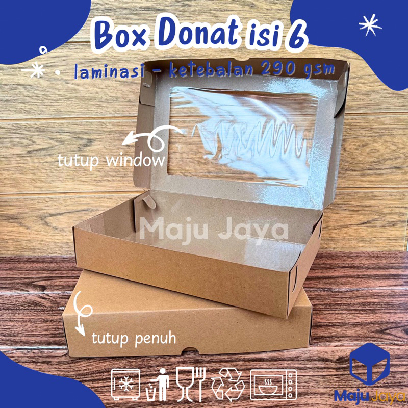 Maju Jaya - Box Donat isi 6 Kraft Laminasi Tutup Penuh Polos & Window / Dus Donat isi 6 Window 290 g