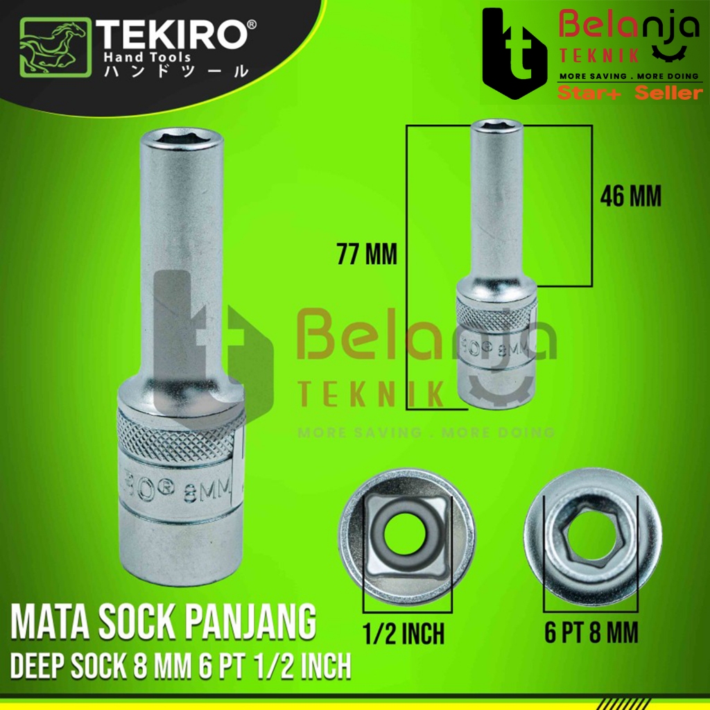 Tekiro Mata Kunci Shock 1/2" 8 mm Mata Sok Deep Sock Panjang 1/2 Inch 8mm