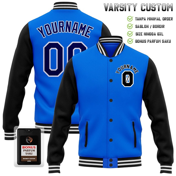 Jaket Varsity Custom Bordir satuan Bomber Kombinasi BIRU TURKISH HITAM Sweater Baseball