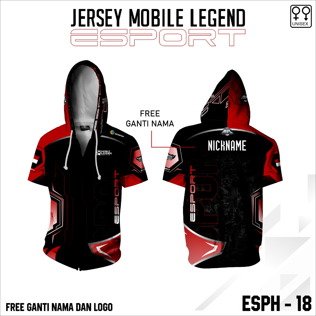 Jersey hoodie zipper esport ML baju gamers lengan pendek
