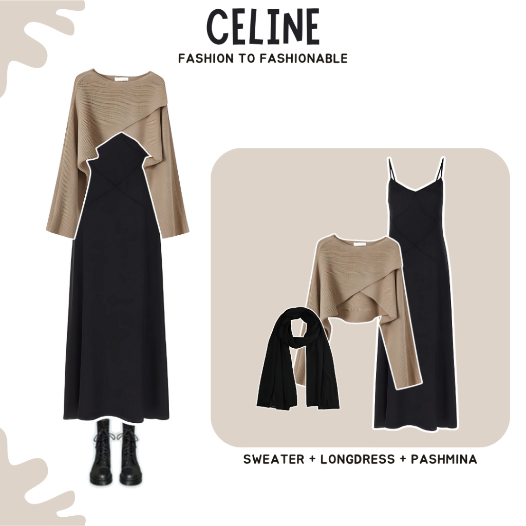 Celine One Set Korean Style 3in1 ( Sweater Rajut Kimono + Inner Long Dress Satin + Pashmina Jersey )