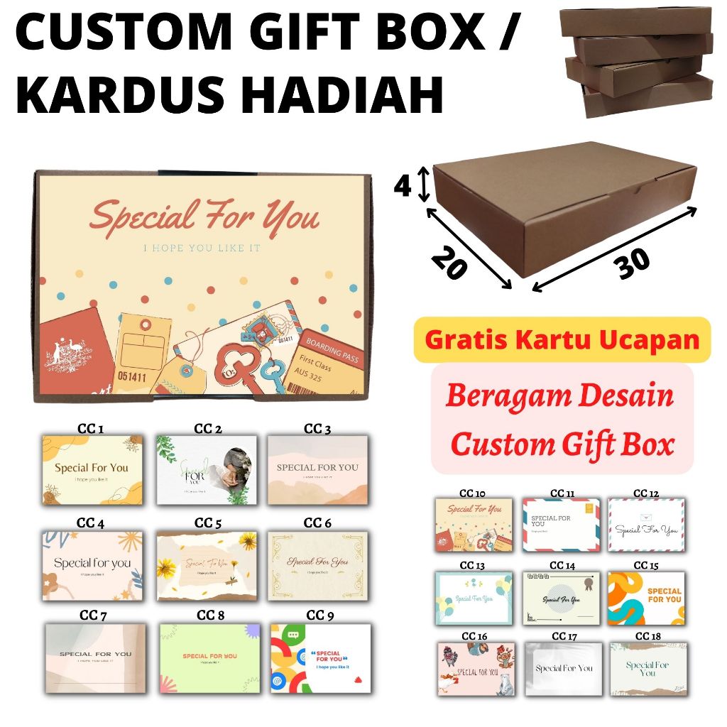 

Custom Kardus Box Hadiah Gift Box 30x20x4 cm Versi Full Gratis Custom Kartu Ucapan