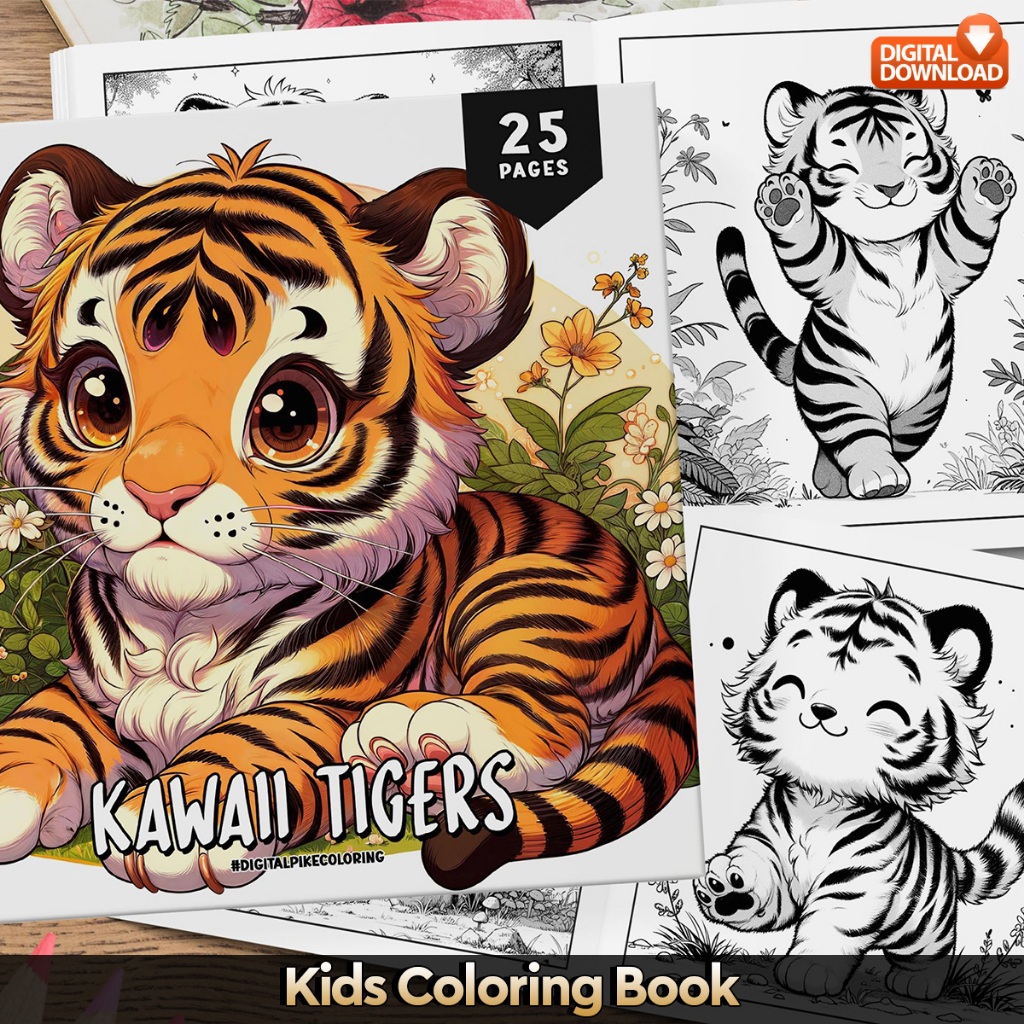 

25 Pages Buku Mewarnai Anak - Digital Download - Printable Kids Coloring Book - Kawaii Tiger