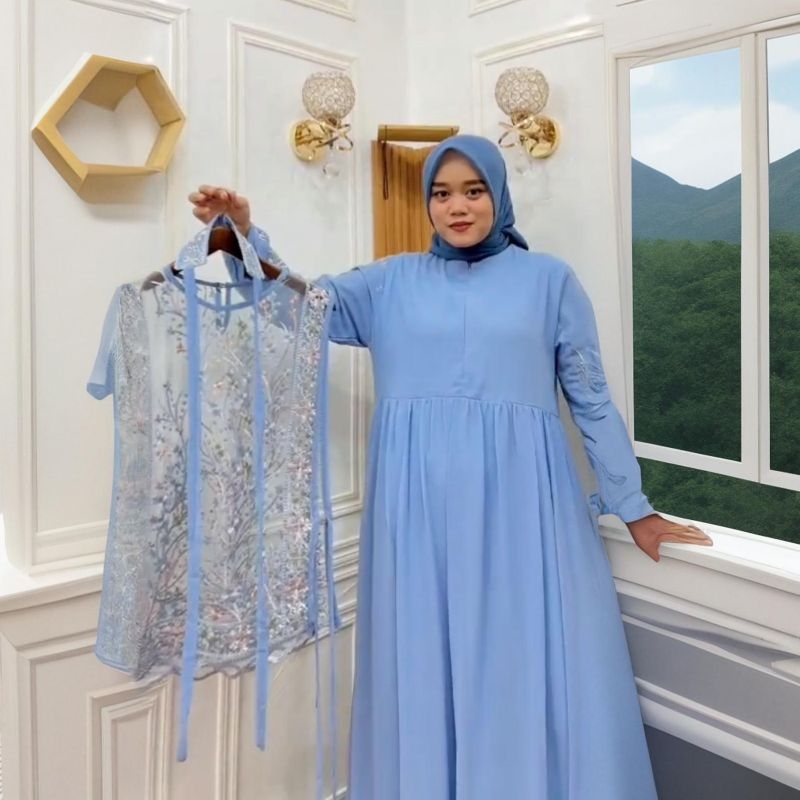 Zhafiraoutfit-Set Gamis Outer Lepas Brokat Premium Bridesmaid Set Gamis Pesta Outer  Kondangan Broka