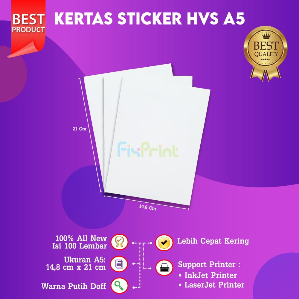 

FixPrint Kertas Stiker A5, Kertas Stiker A5 Inkjet Laser Jet, isi 100