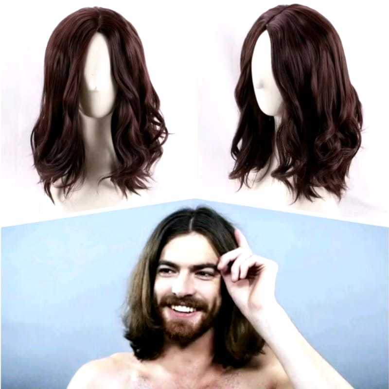 Wig gondrong wig curly pria tanpa poni