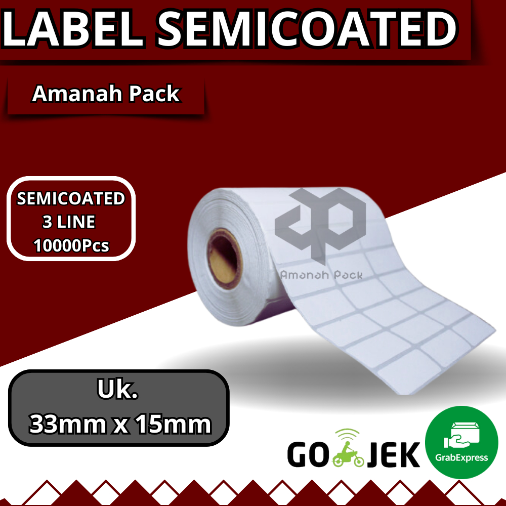 

LABEL SEMICOATED 33 x 15 mm 3 Line, Stiker Printer Barcode, Core 1 Inch isi 10000 Pcs
