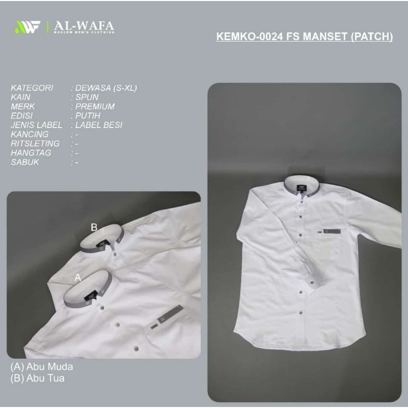 Baju Koko Al - Wafa/AWF Premium Pria Dewasa Warna Putih Polos Tangan Panjang Manset