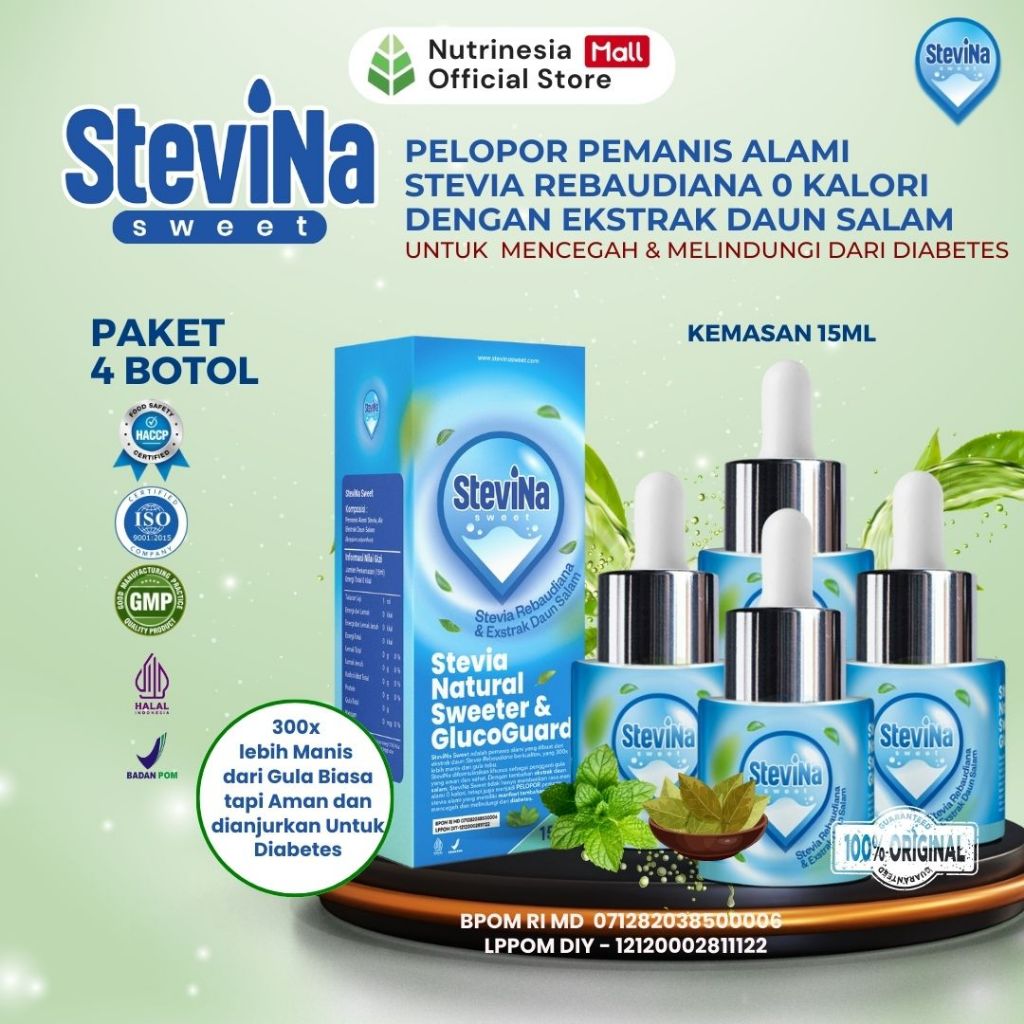 

Stevina Sweet Pemanis Alami 0 Kalori plus Herbal Daun salam Pengganti Gula Untuk Kesehatan Jantung 4 Botol 15 ml