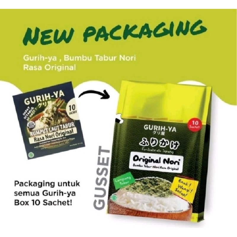 

RB Gurih Ya Original Nori Seaweed Gusset Isi 10 Sachet x 5.5gr Seasoning Abon Rumput Laut Original