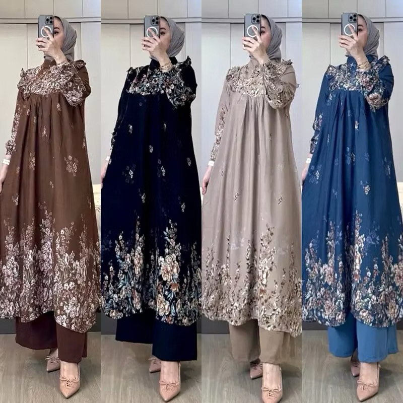 RAISA - Setelan Tunik Rayon JUMBO LD 115cm / Baju Kurung Atasan Wanita Kekinian Motif Print Terbaru