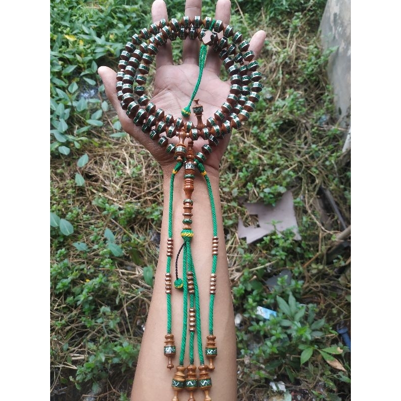 Pre-Order Tasbih Premium HQ Kokka/Kaukah Isi 99 Handmade 10x10 mm – Prada Hijau & Timah dengan Tali 