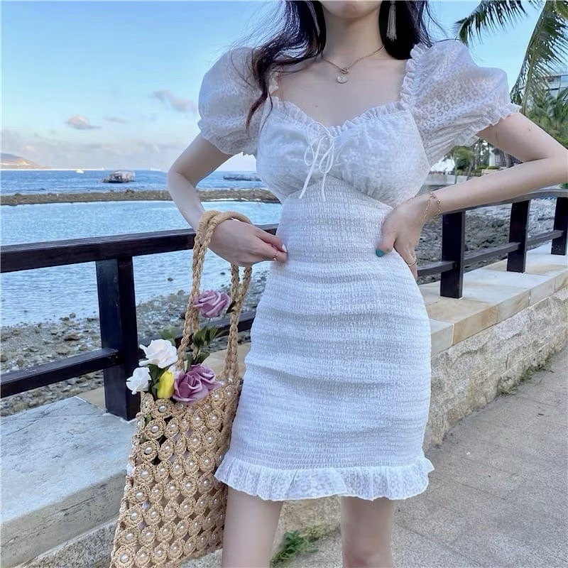 Caryn Puffy Dress Korean bodycon heartneck dress pesta white casual dress mini ruffle dress vintage