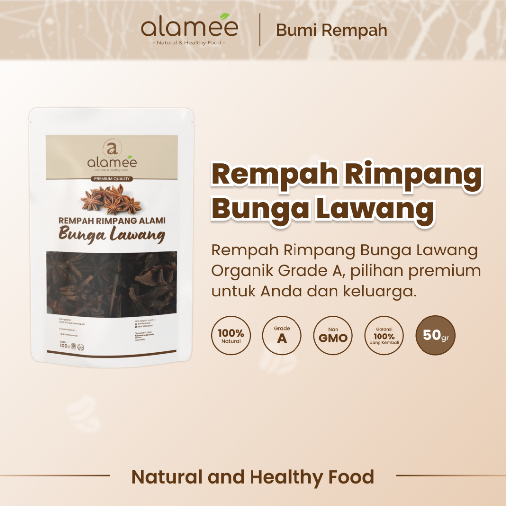 

ALAMEE Bunga Lawang Kering Pekak Star Anise Rempah Organik Alami Bumbu Seasoning Masakan Masak 50gr