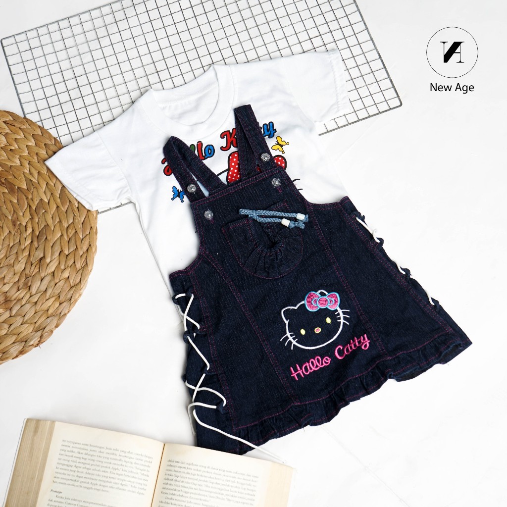 New Age -  Baju Overall Kodok Jeans Bayi Tali Samping Hello Kitty Usia 1 Tahun
