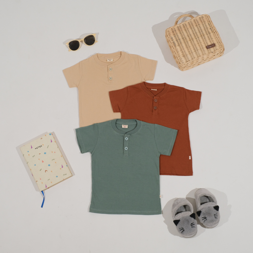 Airri - HENLEY TEE SHIRT [MINERAL GREEN | BEIGE | CINNAMON] Kaos Polos Lengan Pendek Anak Unisex (Hi