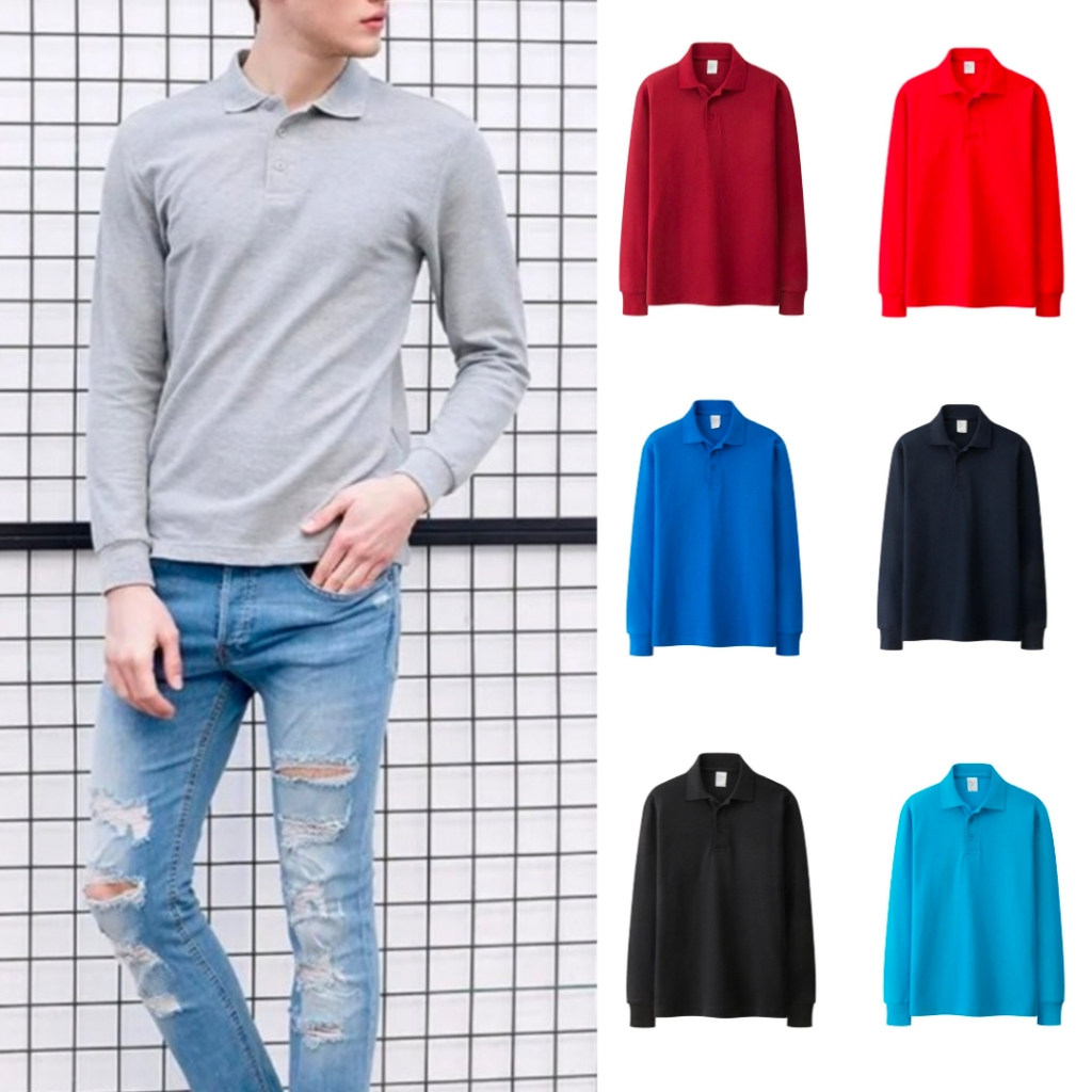 Kaos Pria Kerah Polos Lengan Panjang/Kaos Pria Kerah Seragam Lengan Panjang