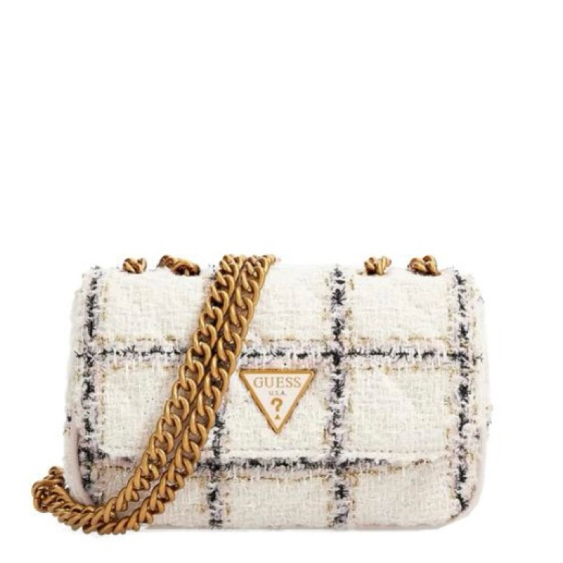 GUESS Mini Borsa a tracolla Cessily Tweed White Multi Color label WHITE/BLACK