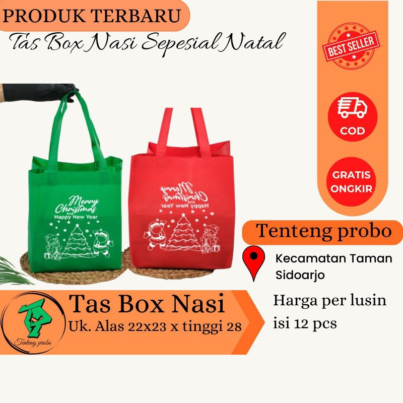 

1 LUSIN (isi 12 pcs) Tas box nasi sablon natal / goodiebag natal / tas box natal / sepunbond natal