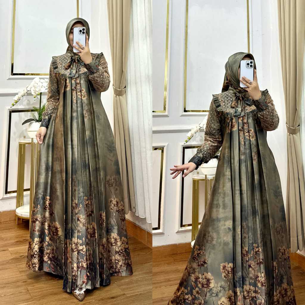 TERBARU Gamis Set Hijab Armani Silk Kombinasi Burkat Tile // Gamis Lebaran Mewah 2025 // Gamis