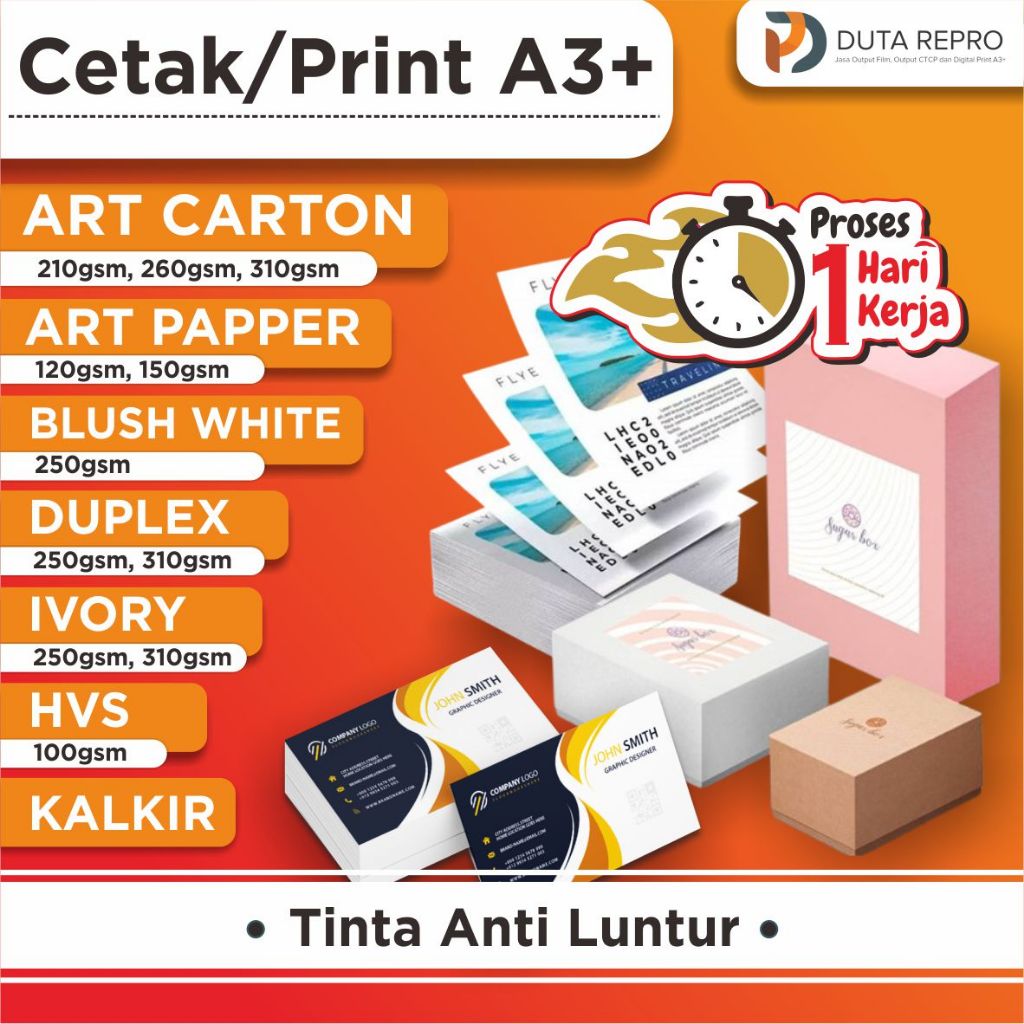 

Cetak A3+ Bahan Tebal 300g (Artcarton, BW, Ivory, Duplex), Linen 250g dan Kalkir