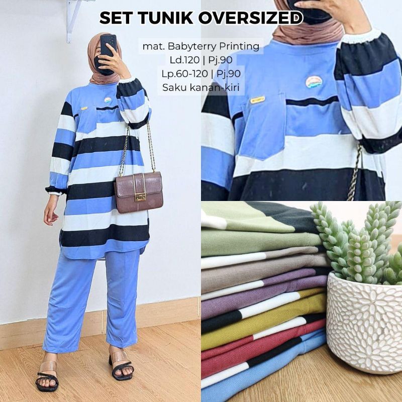 SET LONG TUNIC LENGAN PANJANG ONE SET LONG TUNIK MOTIF SALUR SETELAN TUNIK WANITA