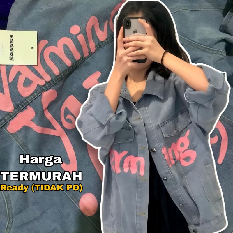 KOREAN STYLE - Lettering Print Graffiti Denim Jacket Jaket Levis Wanita Jaket Gambar Jaket Sablon Ja