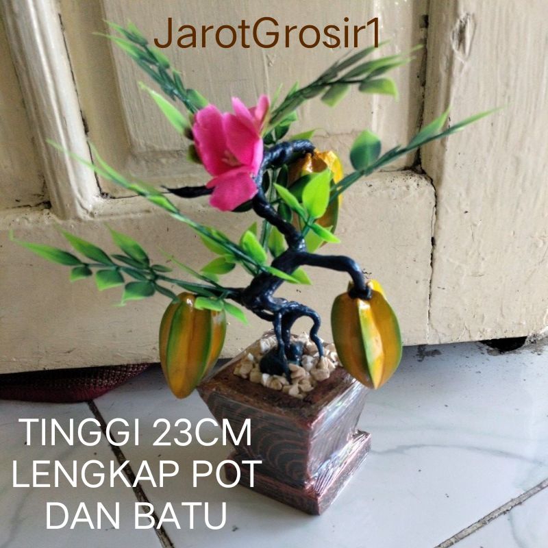 BUNGA HIAS PLASTIK TINGGI 23CM +POT DAN BATU // TANAMAN ARTIFICIAL // ORNAMEN POT BUAH BUAHAN FRUIT 
