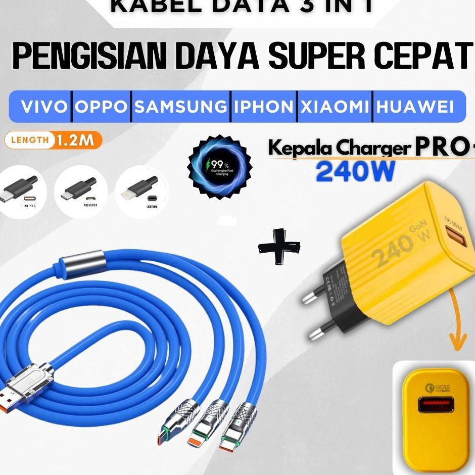 Grosir  Dapat Charger CepatKABEL Data 3 IN 1 Fast Charging 24W 6A Type C MICRO USB IOS LIGHTNING 12 