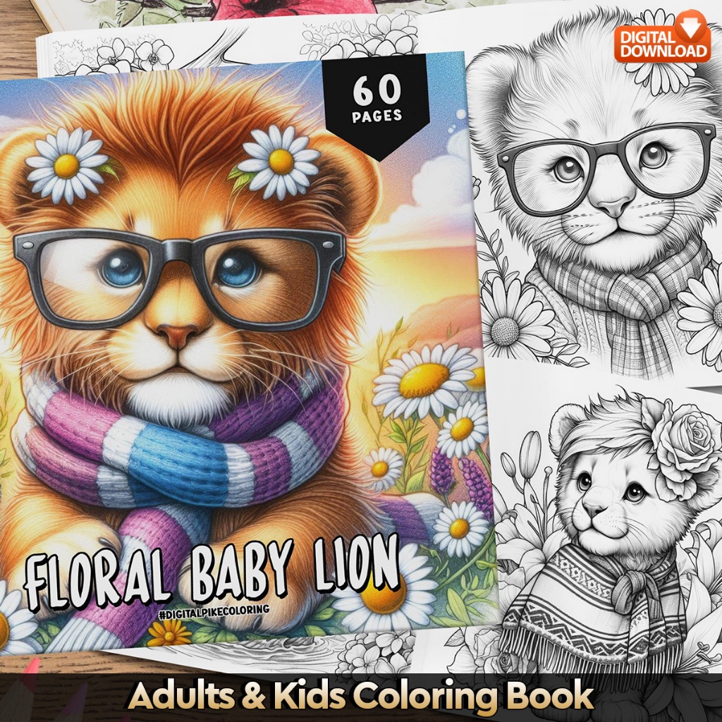 

60 Pages Buku Mewarnai Dewasa - Digital Download - Printable Adult Coloring Book - Floral Baby Lion