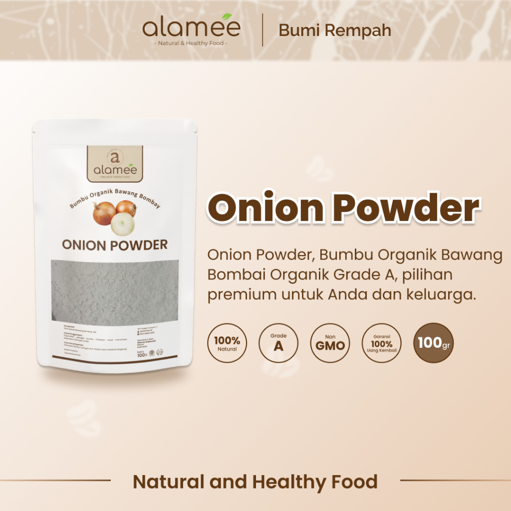 

ALAMEE Bawang Bombay Bubuk Onion Powder Ground Spice Bumbu Bombai Dapur Organik Tanpa Campuran 100g