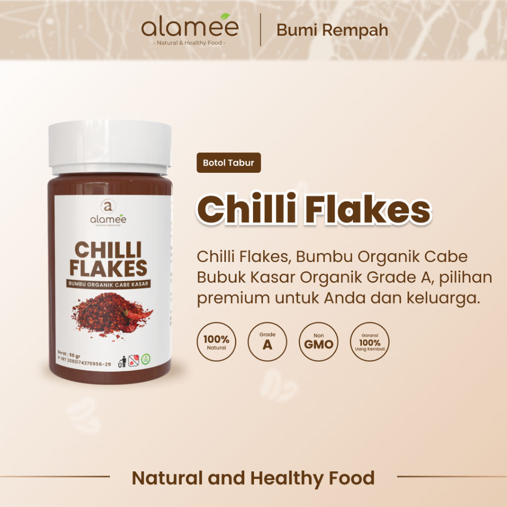 

ALAMEE Cabe Bubuk Kasar Chilli Flakes Cabai Bumbu Dapur Masak Organik Rempah Rimpang Murni Seasoning 150g