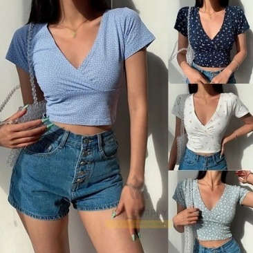 NAIA TOP/CROP TOP WANITA KOREAN SEXY CROP TOP V-NECK SEXY WOMEN   T-SHIRT  SHORT SLEEVE 133