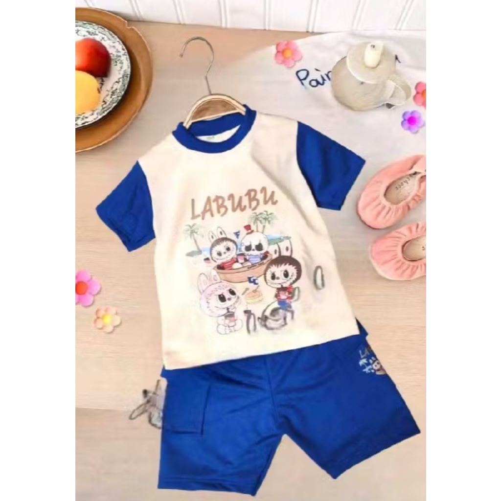 baju anak labubu setelan anak laki laki dan perempuan terbaru motif labubu pantai 3-10 tahun