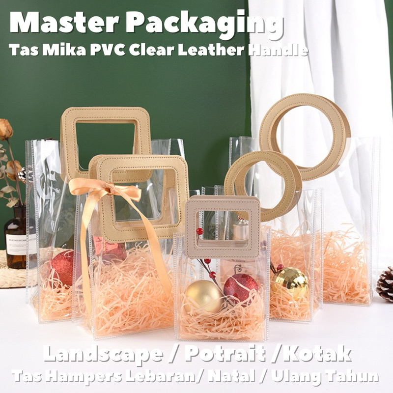 

Tas Souvenir Goodie Bag Lebaran Natal Imlek Ulang Tahun Premium / Tas Mika PVC Clear Transparan Leather Handle Premium
